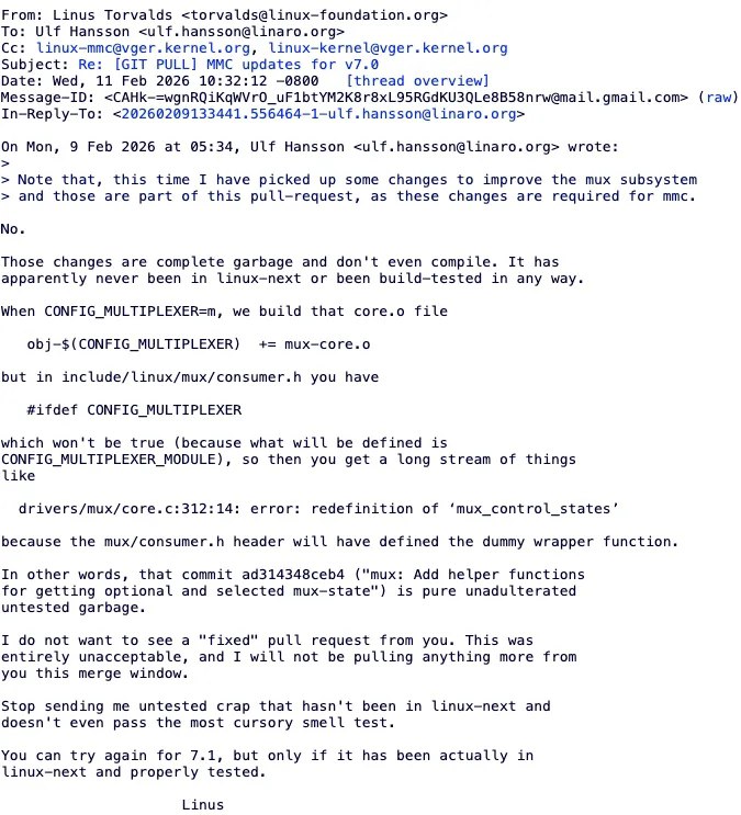 有关mmc“多路复用子系统”的改进PR被驳回并无缘Linux 7.0，因“并未经过测试且无法编译”