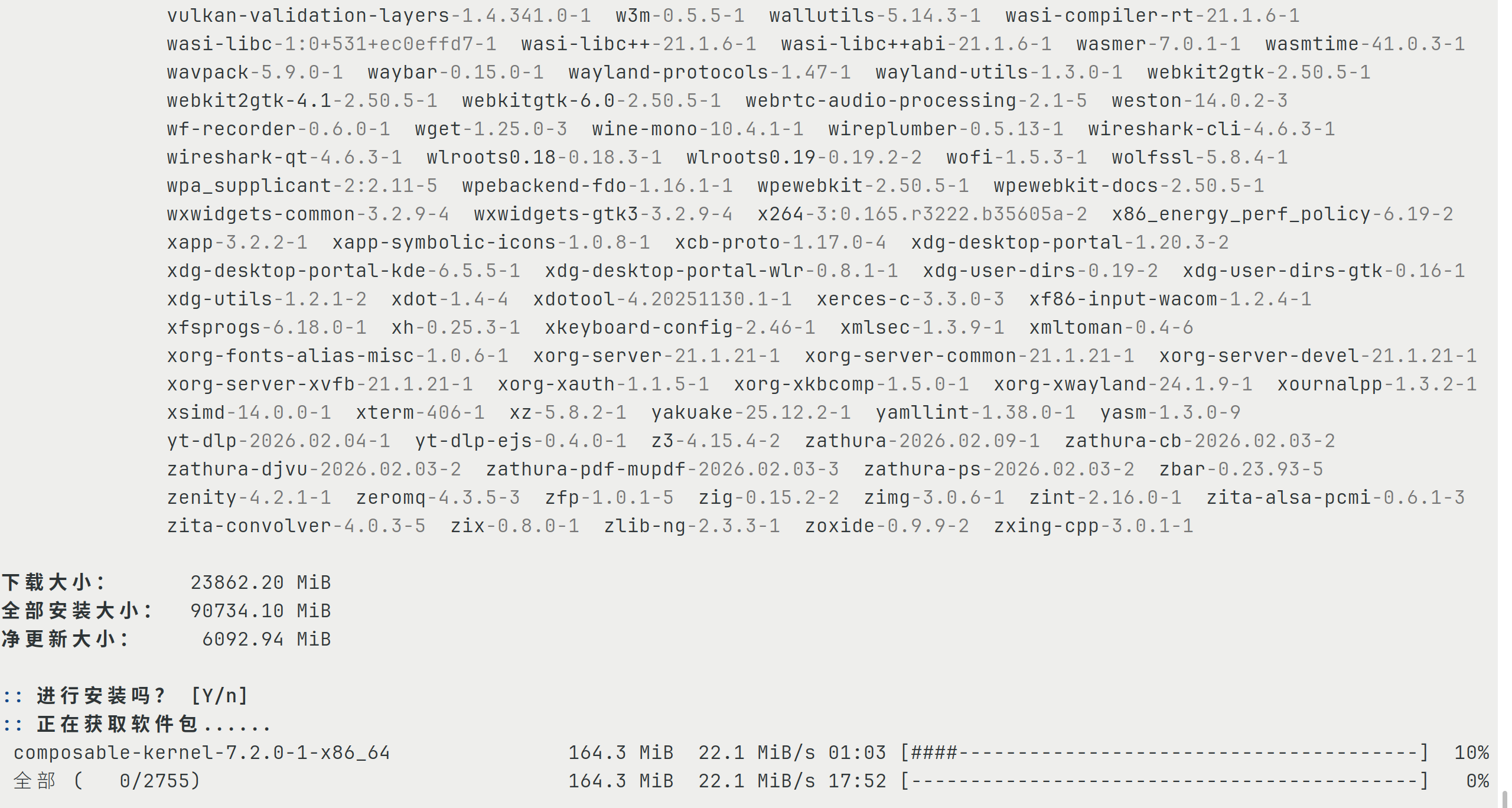 Forwarded from 起高就杀Austin 🦴:
> 正在更新几个月没开机的arch linux